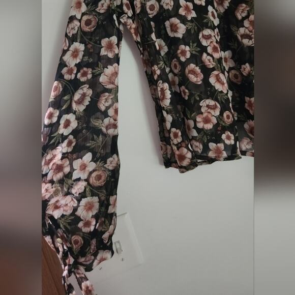 Floral Cold Shoulder Top Long Sleeve Sheer Blouse Tie Cuffs - Picture 2 of 8
